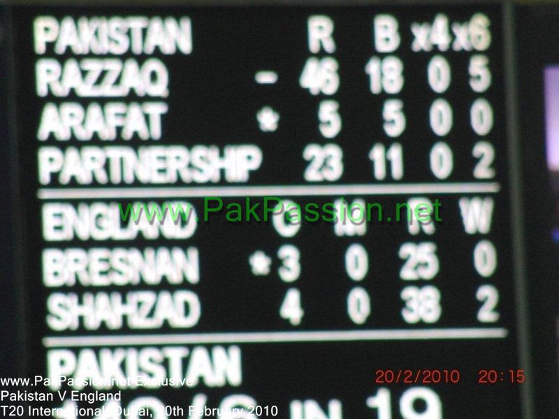 Abdul Razzaq's match winning knock shown on the scoreboard