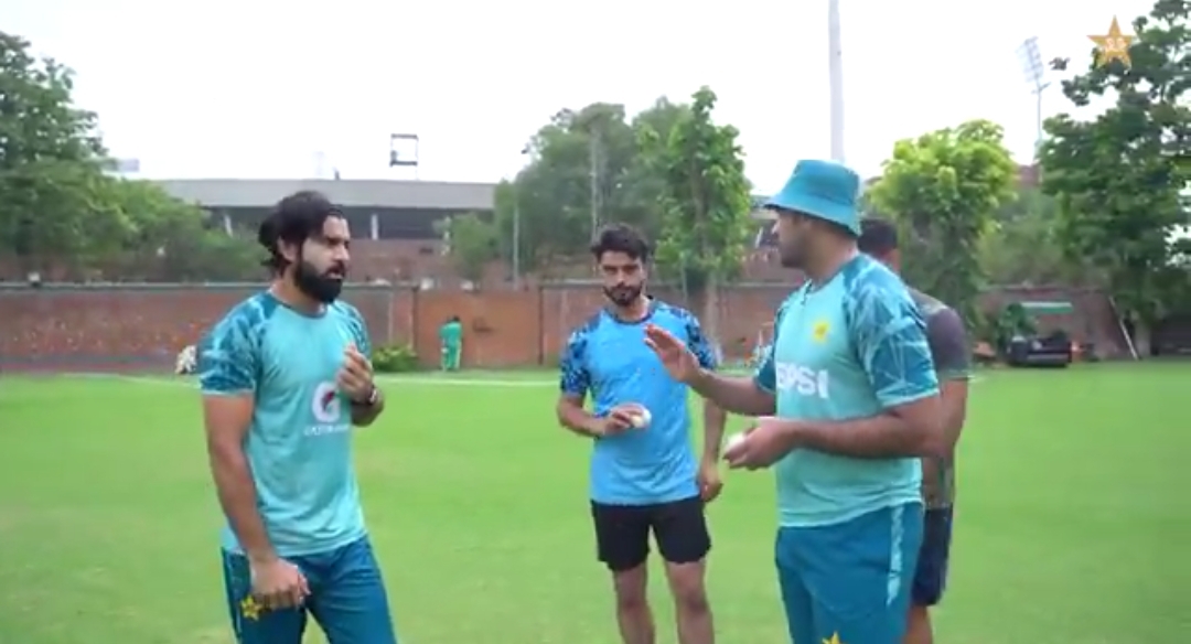 Aamir Jamal, Shahid Aziz and Hussain Talat take part in target bowling drills at the NCA Skills Development Camp